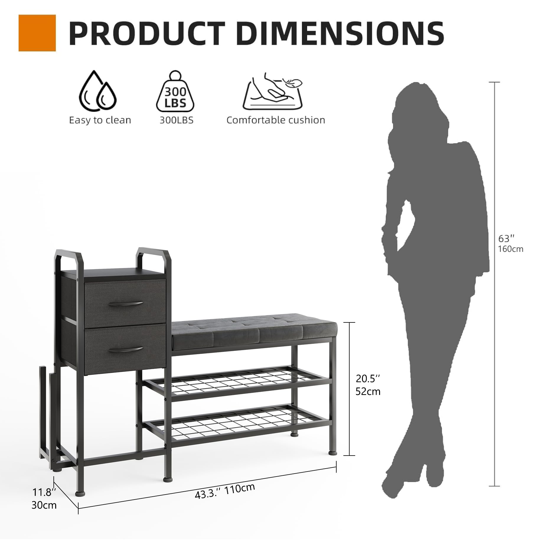 MUTUN Shoe Bench with Cushion, Storage Bench with Padded Seat, 2 Drawer and Open Compartments, for Entryway, Hallway, Living Room, Black