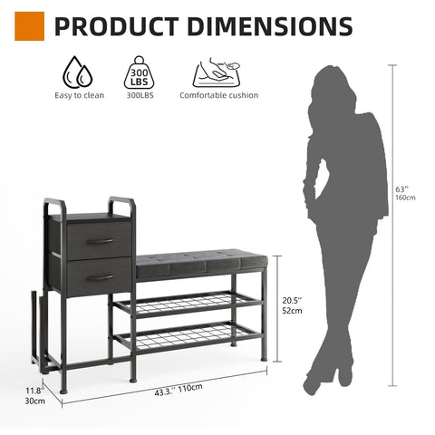 MUTUN Shoe Bench with Cushion, Storage Bench with Padded Seat, 2 Drawer and Open Compartments, for Entryway, Hallway, Living Room, Black