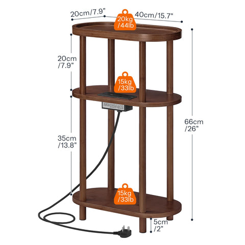 HOOBRO Narrow Side Table with Charging Station, 3 Tier Bamboo Slim End Table, 40 x 20 x 66 cm Narrow Bedside Table, Sofa Side Table, for Living Room