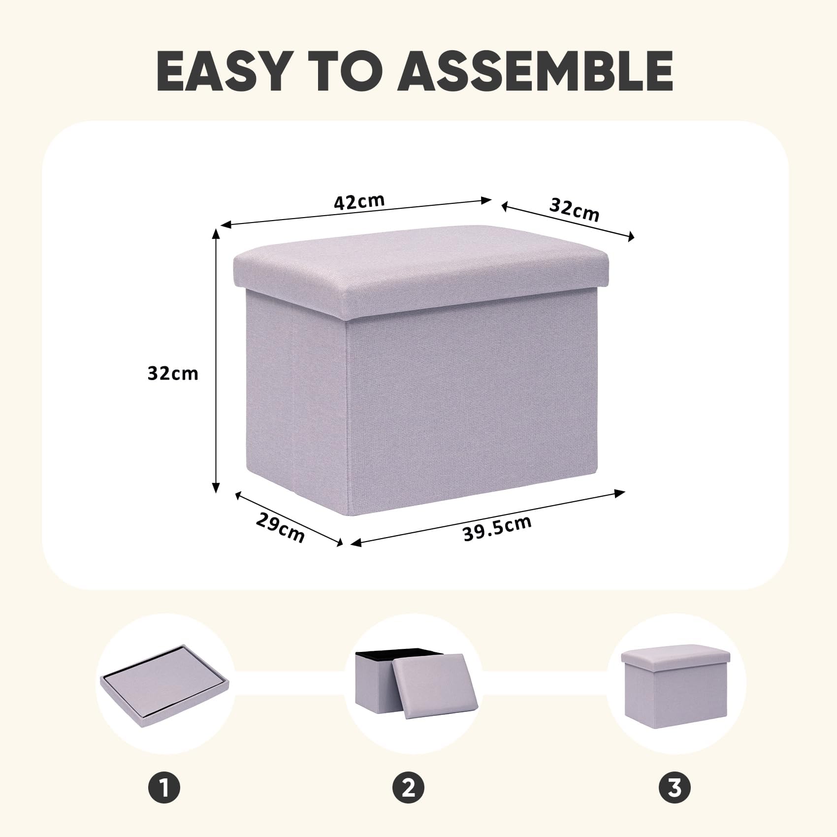 PINPLUS Folding Storage Box Ottoman, Linen Small Footstool, Light Purple