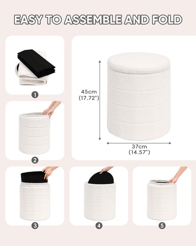 PINPLUS Round Ottoman Storage, Convertible Table, Cream White, 37x37x45 cm