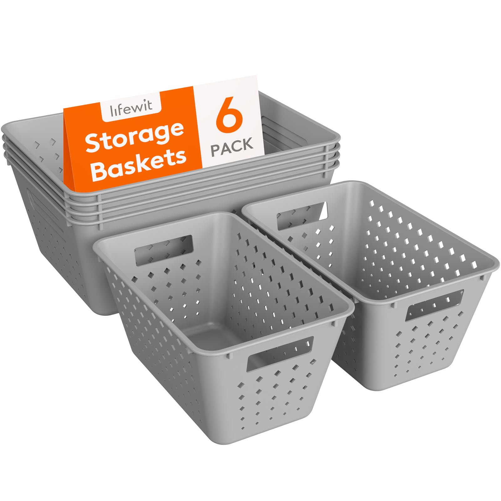 Lifewit 6 Pack Plastic Storage Baskets,Stackable Storage Bins,Light Grey