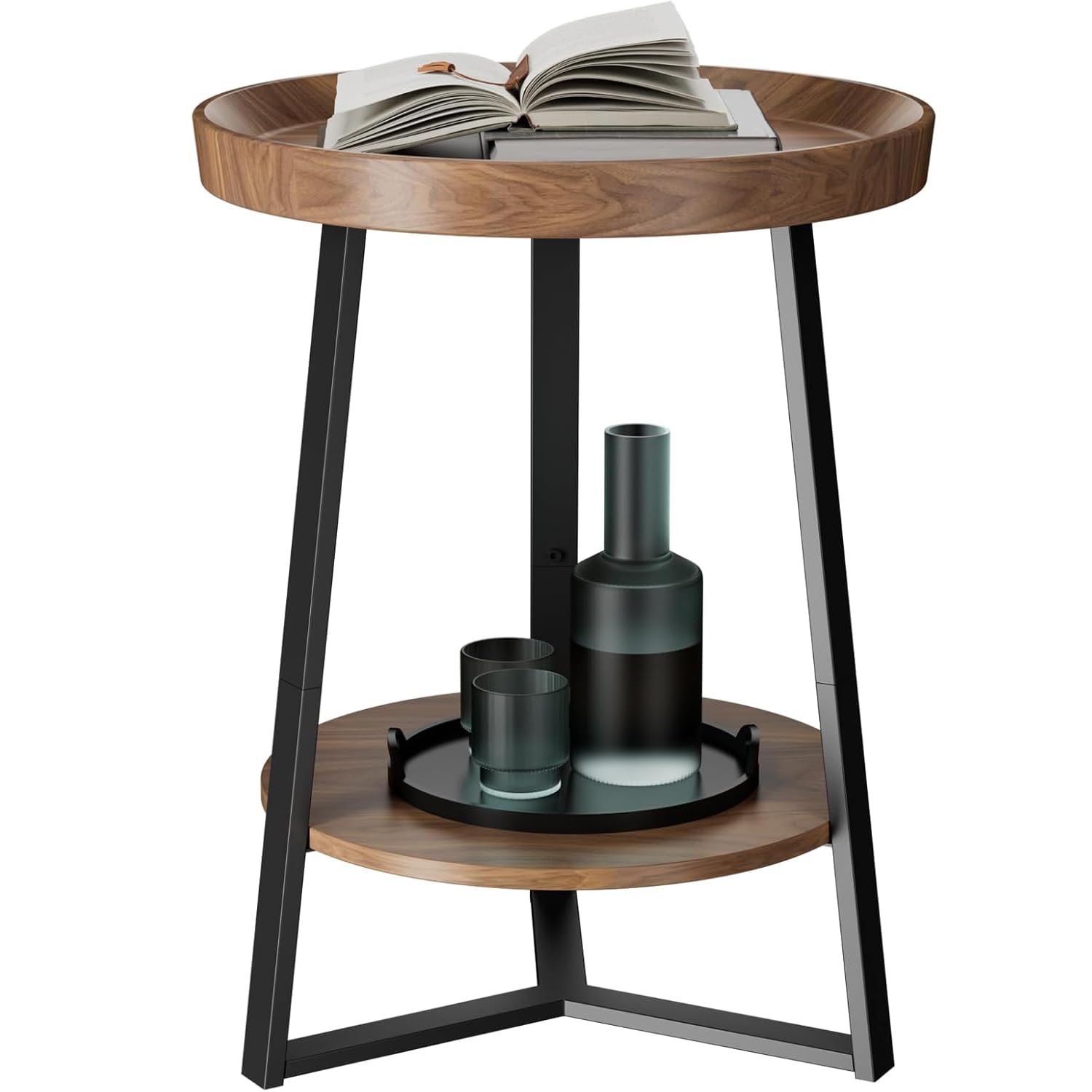 HOME BI Round End Table with Storage Shelf, 2 Tier Farmhouse Circle Side Table Nightstand for Living Room, Bedroom,Cherry Wood Grain
