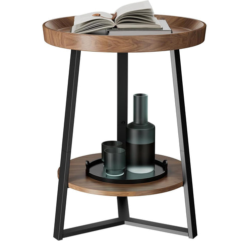 HOME BI Round End Table with Storage Shelf, 2 Tier Farmhouse Circle Side Table Nightstand for Living Room, Bedroom,Cherry Wood Grain
