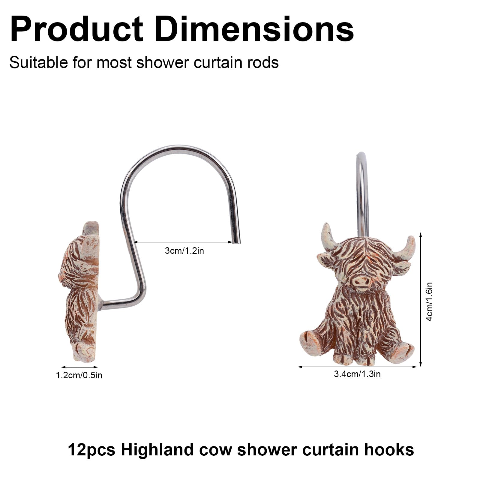 Fukaisu 12pcs Highland Cow Shower Curtain Hooks, Rustic Western Highland Cow Bathroom Shower Curtain Hooks Cute Resin Hangers Suitable for Bathroom