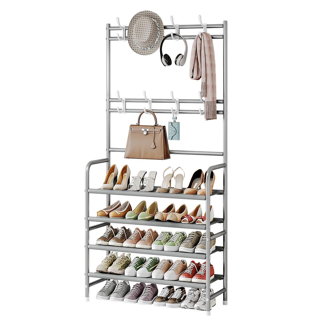 Dazioter Coat Rack Shoe Rack With Storage Shelf Freestanding with 8 Hooks for Entryway Bedroom (Grey, 4Tier)