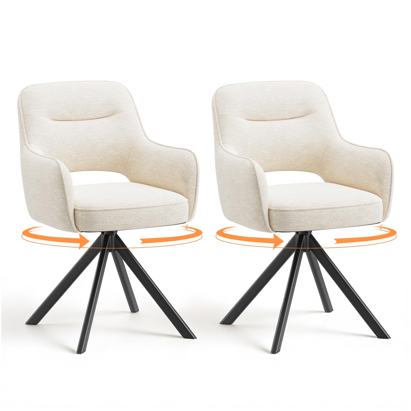 COLAMY 360°Swivel Dining Chairs Set of 2, Fabric Chairs for Dining Room with Armrests, Hollow Backrest and Thick Seat Cushion