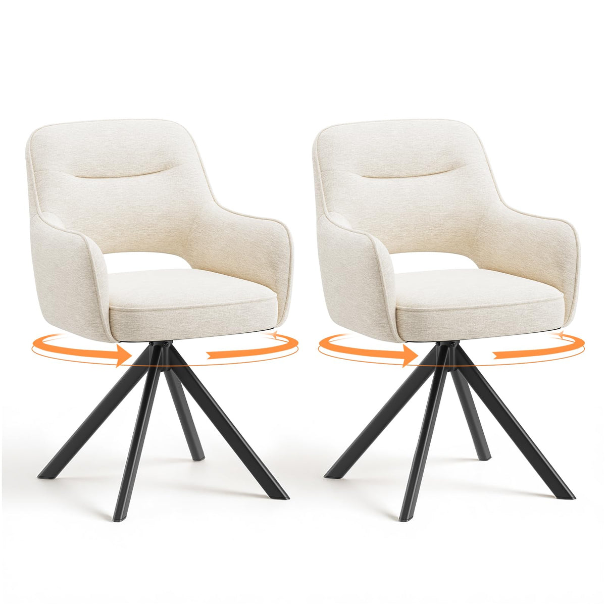 COLAMY 360°Swivel Dining Chairs Set of 2, Fabric Chairs for Dining Room with Armrests, Hollow Backrest and Thick Seat Cushion