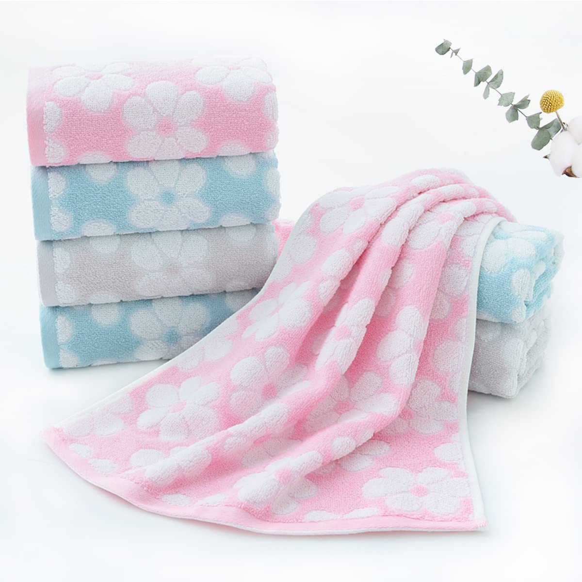 Pidada Hand Towels Set of 4 Floral Pattern 100% Cotton Soft Absorbent Decorative Towel for Bathroom(Blue)