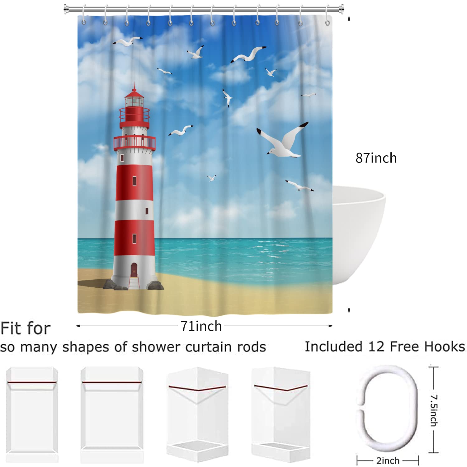 Hnmdmyi Lighthouse Shower Curtain 180x220, Ocean Beach Seagull Blue Sky White Clouds Scenery Bathroom Curtains with Hooks Waterproof Polyester Fabric