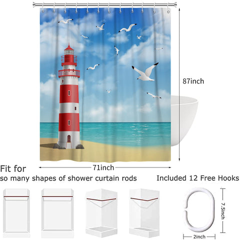 Hnmdmyi Lighthouse Shower Curtain 180x220, Ocean Beach Seagull Blue Sky White Clouds Scenery Bathroom Curtains with Hooks Waterproof Polyester Fabric