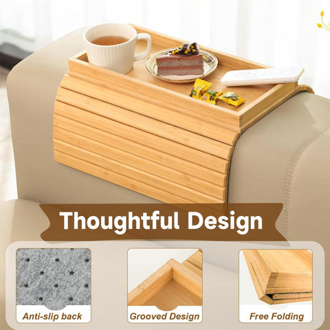 Hovoto Natural Bamboo Sofa Arm Tray, Sofatablett, Sofa Tray Table for Couch, Faltbarer Anti Rutsch Couch Arm Tisch, Sofa Side Table for Snacks