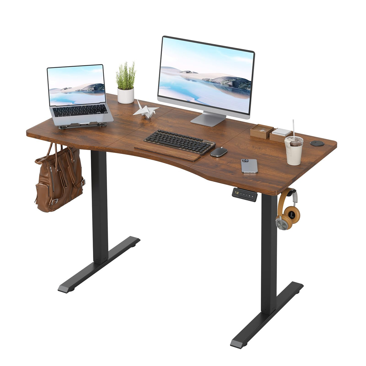 Farini U-Shaped Ergonomic Electric Standing Desk, 120x60cm, Height Adjustable Sit to Stand Desk with Memory Keypad & Headphone Hook for Home and