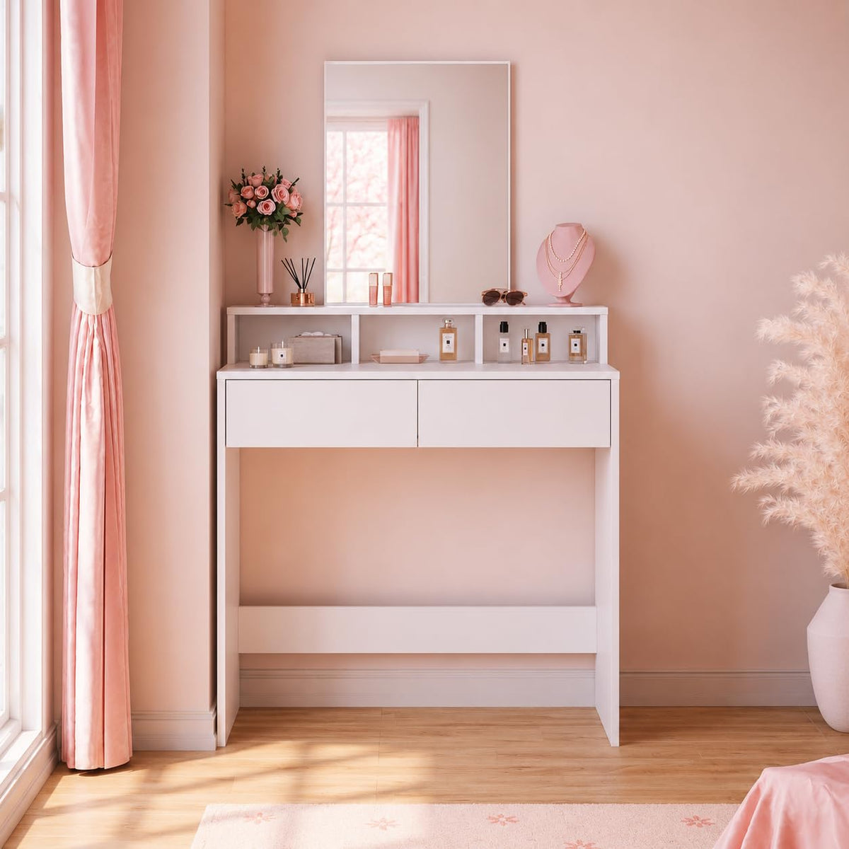 ELEGANT Dressing Table with Mirror and 2 Drawers, White Makeup Vanity Desk for Bedroom, Vanity Table Set with 3 Open Storage Compartments