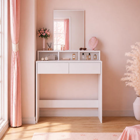 ELEGANT Dressing Table with Mirror and 2 Drawers, White Makeup Vanity Desk for Bedroom, Vanity Table Set with 3 Open Storage Compartments