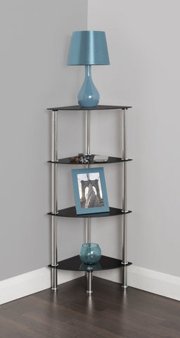 mahara 4 Tier Chrome Effect Black Corner Glass Shelving Unit - Tempered Safety Glass Shelves Max 5kg - Storage Unit W41cm x D30cm x H86.5cm