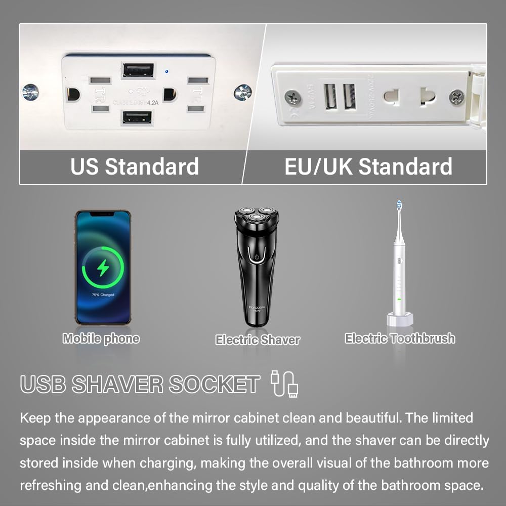 Janboe LED Mirror Cabinet,Bathroom Mirror Cabinet with Lights,91cm×81cm,Equip with Internal Light,Aluminum Construction,USB Shaver Socket,3