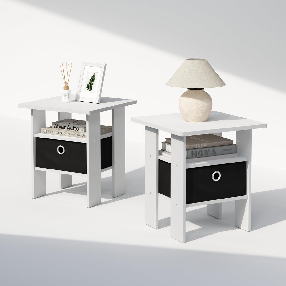 Furinno TIDUR Set of 2, Bedside Table with Storage Bin, White