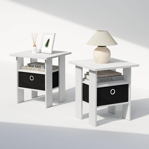 Furinno TIDUR Set of 2, Bedside Table with Storage Bin, White