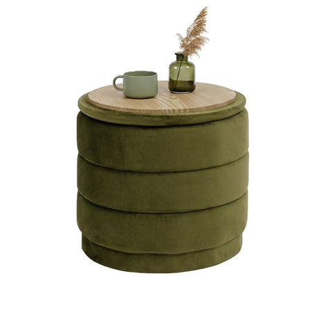 Bonlife Storage Ottoman Round - Folding Foot Rest with Hidden Storage, Olive Velvet 39x39x37cm for Living Room, Bedroom & Hallway
