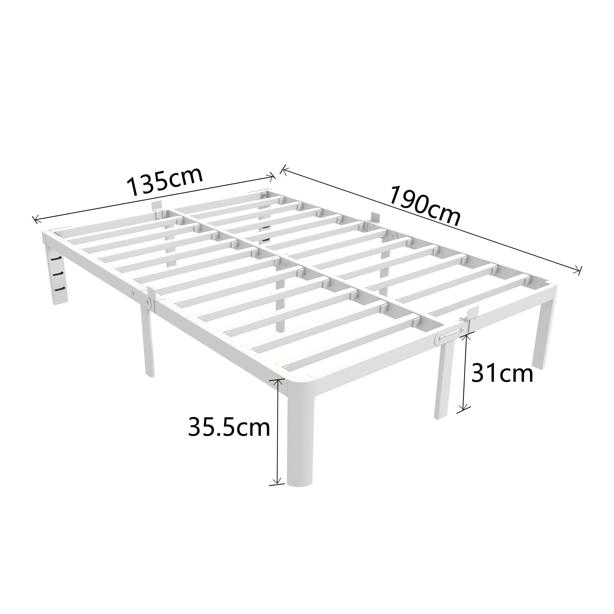 KVLKBV Double Bed Frame 135 x 190 cm, White Bed Frame with Metal Anti-slip Gasket and Large Storage Space Under Bed - Suitable for Bedroom