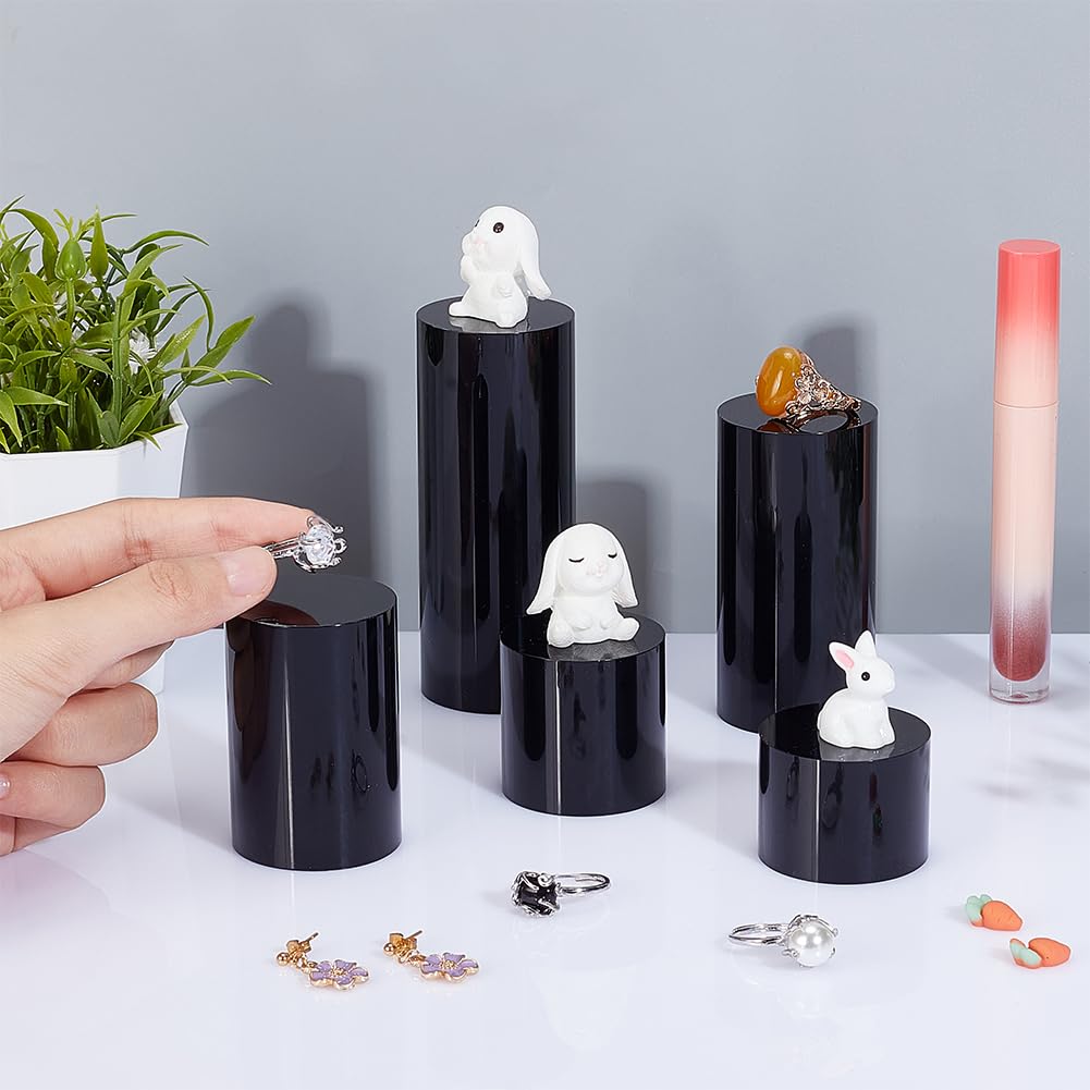 BENECREAT 5pcs Black Acrylic Display Block - 3/4/6/8/10cm Round Cylinder Solid Pedestal Stand for Jewelry, Gem, Pop Figures & Cosmetic Showing