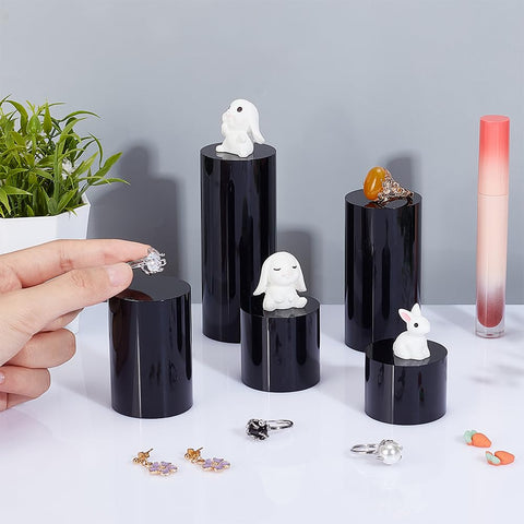 BENECREAT 5pcs Black Acrylic Display Block - 3/4/6/8/10cm Round Cylinder Solid Pedestal Stand for Jewelry, Gem, Pop Figures & Cosmetic Showing