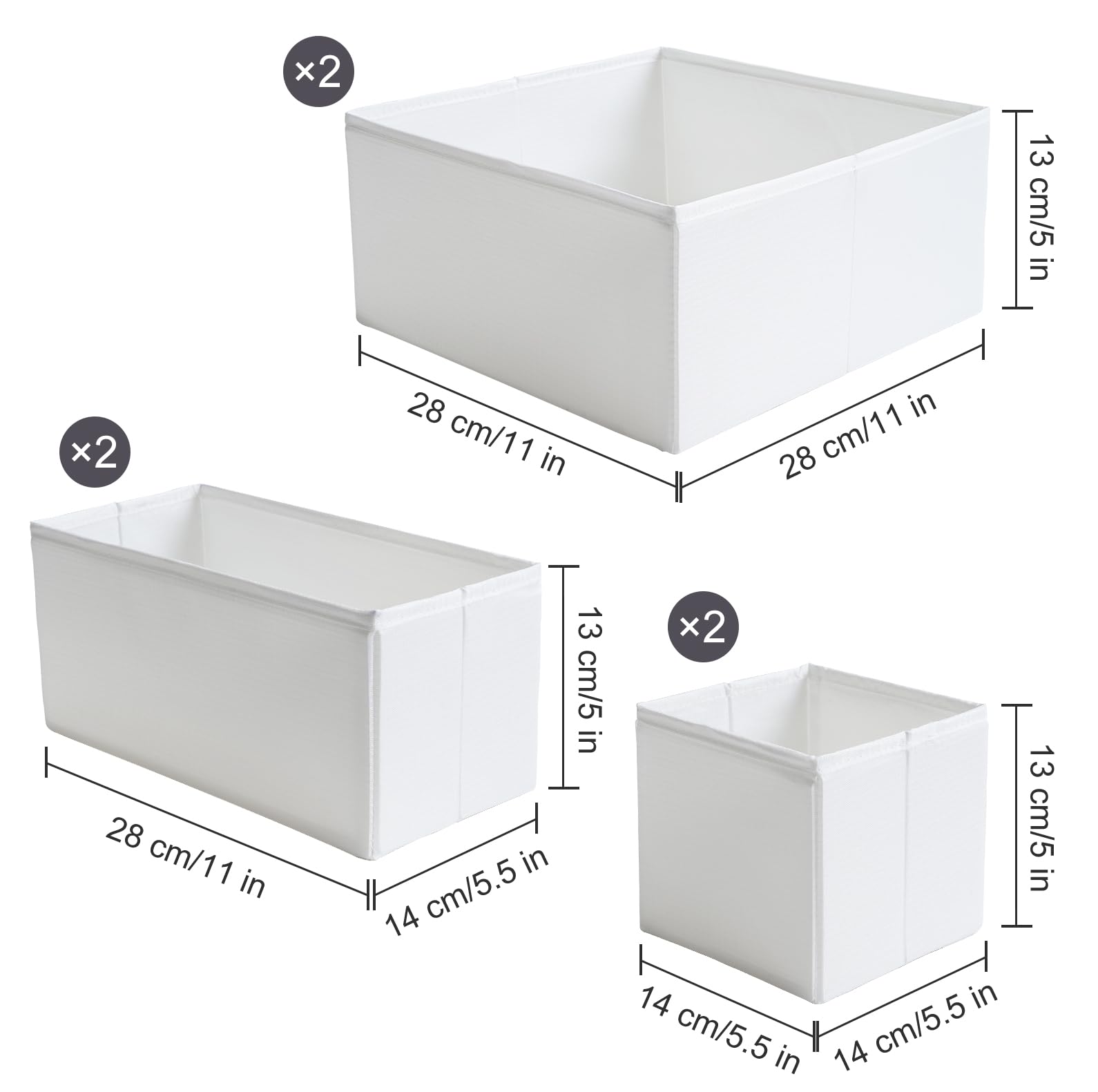 TYEERS Drawer Organisers, Durable Fabric, Washable, with Base Support Boards, Small Storage Boxes for Bathroom, Wardrobe, Chest of Drawers, Set of 6