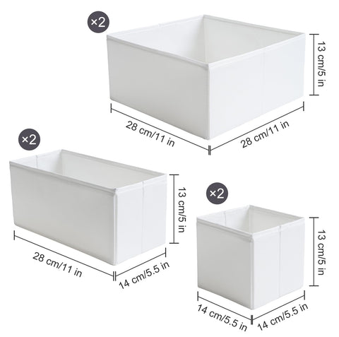 TYEERS Drawer Organisers, Durable Fabric, Washable, with Base Support Boards, Small Storage Boxes for Bathroom, Wardrobe, Chest of Drawers, Set of 6