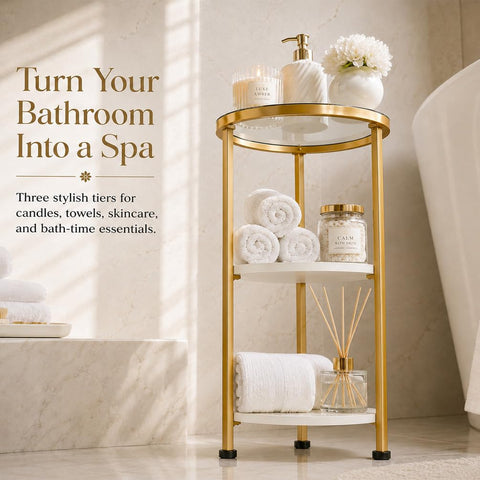 ZEXVIDA 3-Tier Tempered Glass Side Table, White & Gold