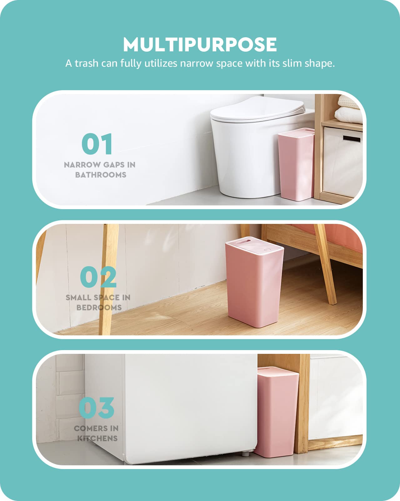 Baffect Small Trash Can with Lid Waste Basket Bathroom Garbage Can Dorm Room Essentials for Bedroom, Office, College-2.1 Gallon (Pink)