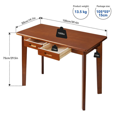Aibiju Solid Wood Desk, Writing Desk, Small Office Table with drawers, 39x20x30inch Computer Desk with storage and Hanging Rod for Home Office