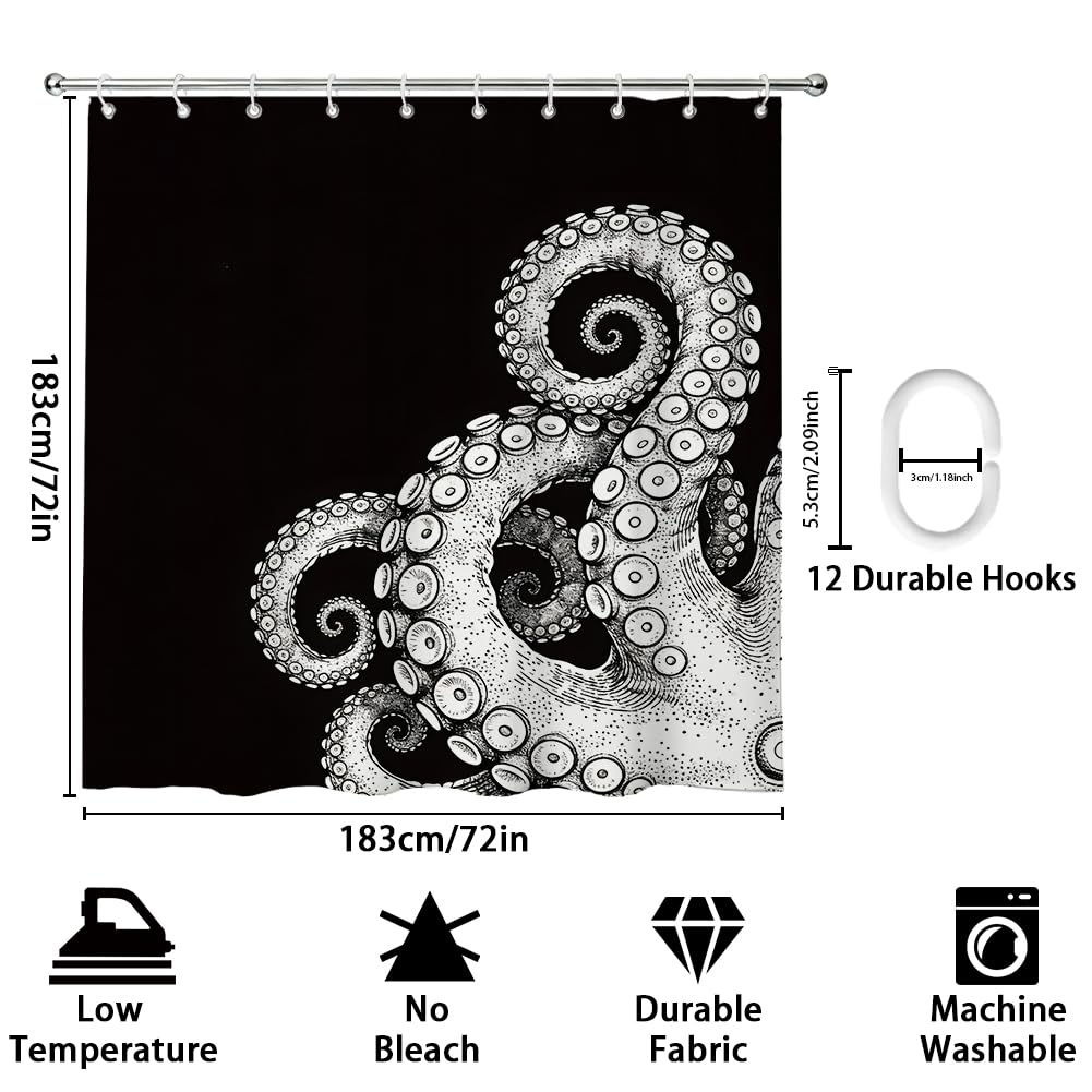 TNKBREEZE Octopus Tentacle Shower Curtain for Bath Black White Animal Waterproof Shower Curtain Set with 12 Hooks Durable Bathroom Curtains for