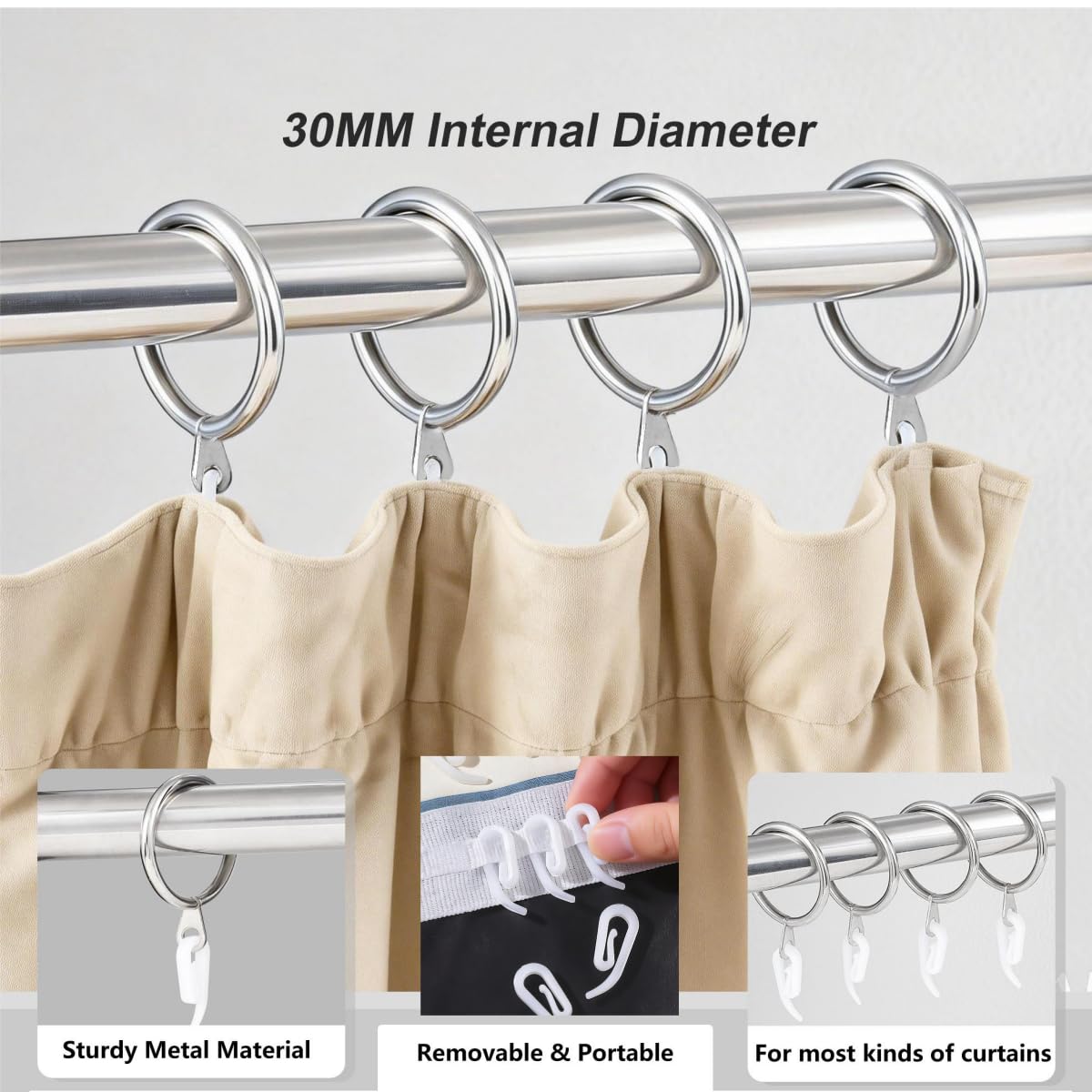 24 Pieces silver metal curtain rings and 24 Pieces white plastic Curtain Hooks for curtains (30mm internal diameter)
