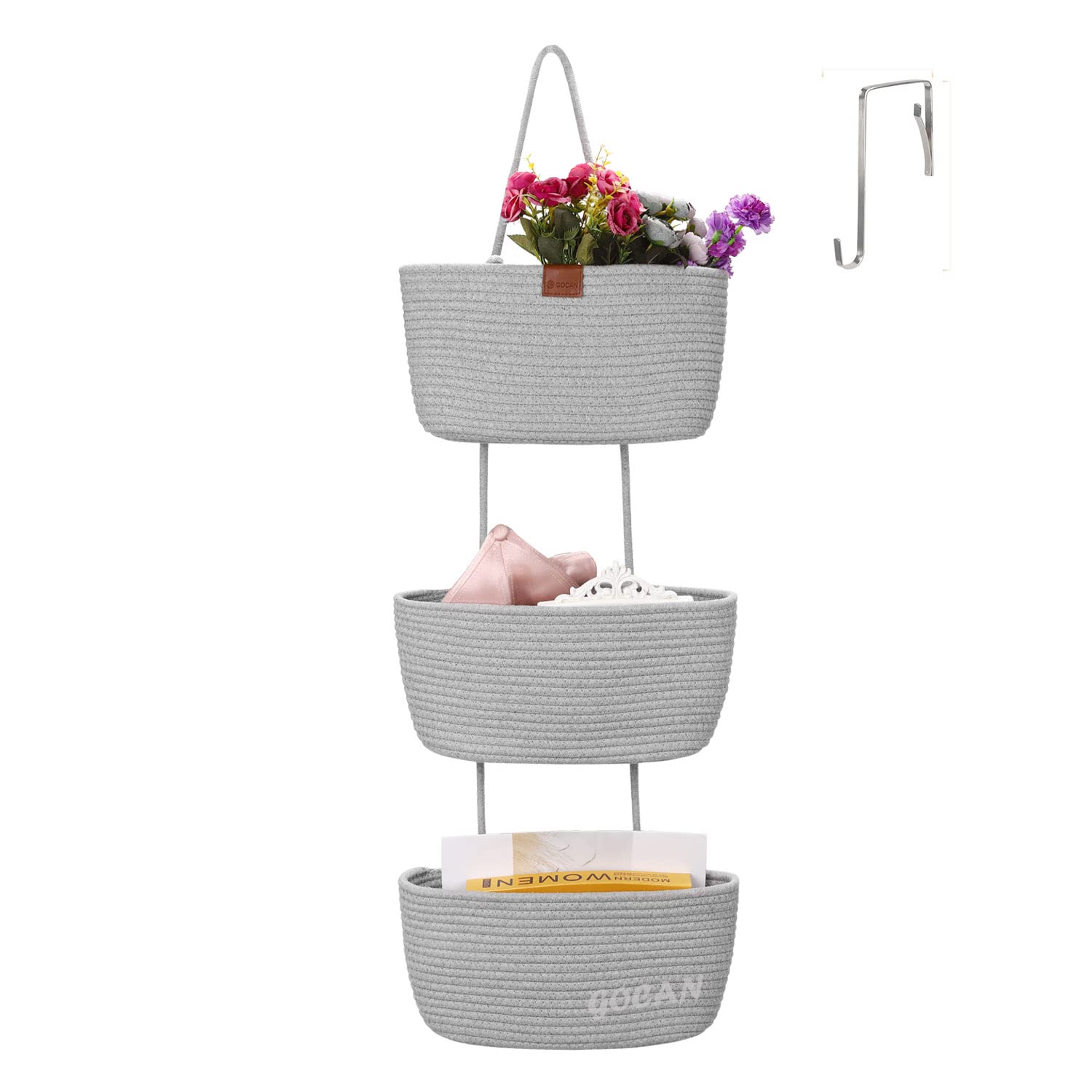 GOCAN 3-Tier Over Door Cotton Rope Woven Hanging Storage Basket(Grey)