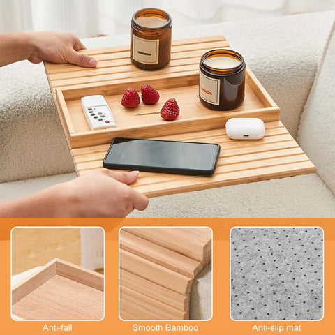 Lighterday Sofa Arm Tray,Foldable Bamboo Table Couch ArmchairTray,Anti-Slip Sofa Side Table Armchair Tray for Snacks Phone Drinks Cup