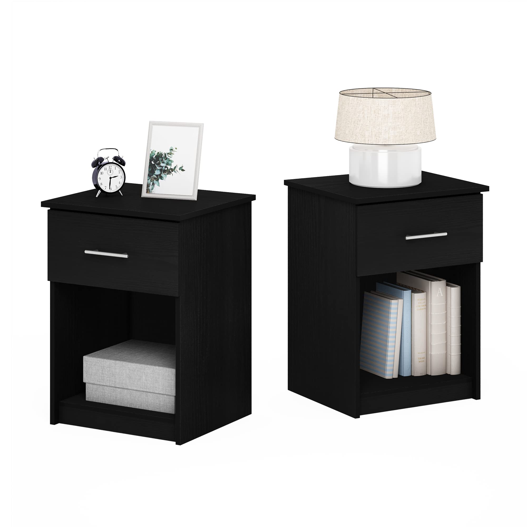 Furinno TIDUR Night Stand Set of 2, Nightstand with Drawer, Bedside Table, End Table, Side Table with Storage Shelf, Bar Handle Drawer, for Bedroom