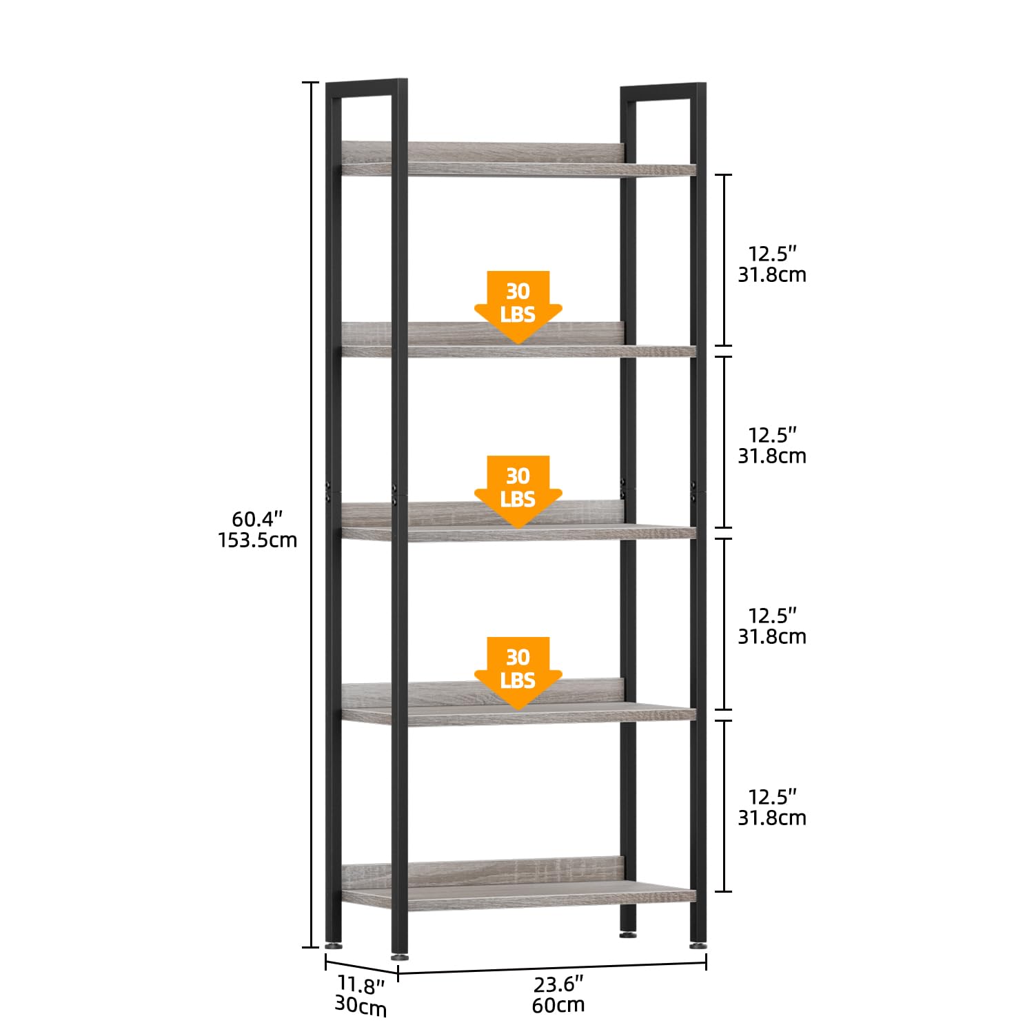 APPOLYN 5 Tier Bookshelf, Open-shelf Bookcase with Backboard, Grey