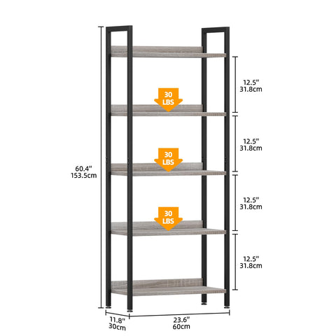 APPOLYN 5 Tier Bookshelf, Open-shelf Bookcase with Backboard, Grey