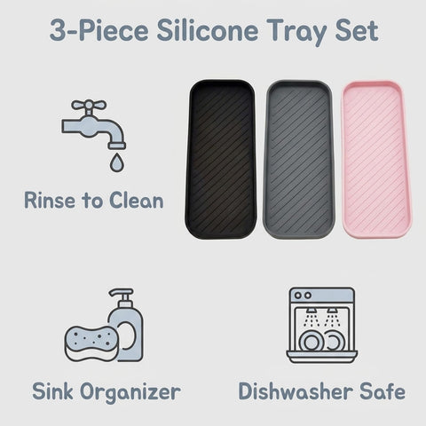 3pcs Sink Tray, Multi-Use Sponge Holder for Kitchen and Bathroom Countertops, Non-Slip Soap Dish, Tray and Utensil Organiser
