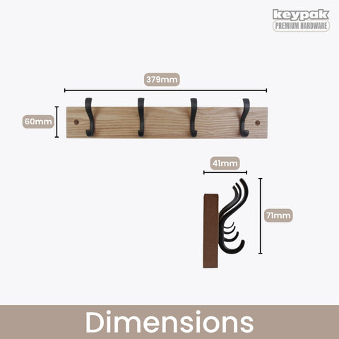 keypak Wall-Mounted Coat Rack – 4 Black Hooks on Stylish 38cm Ash Wood