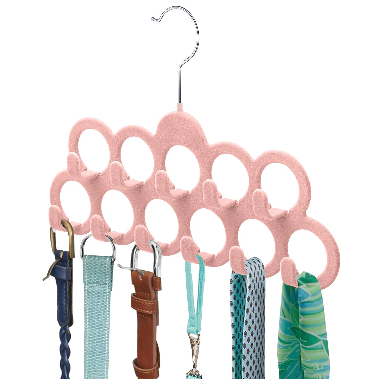 ManGotree Velvet Scarf Storage Hangers with 11 Loops and Hooks 2 Pack Pink