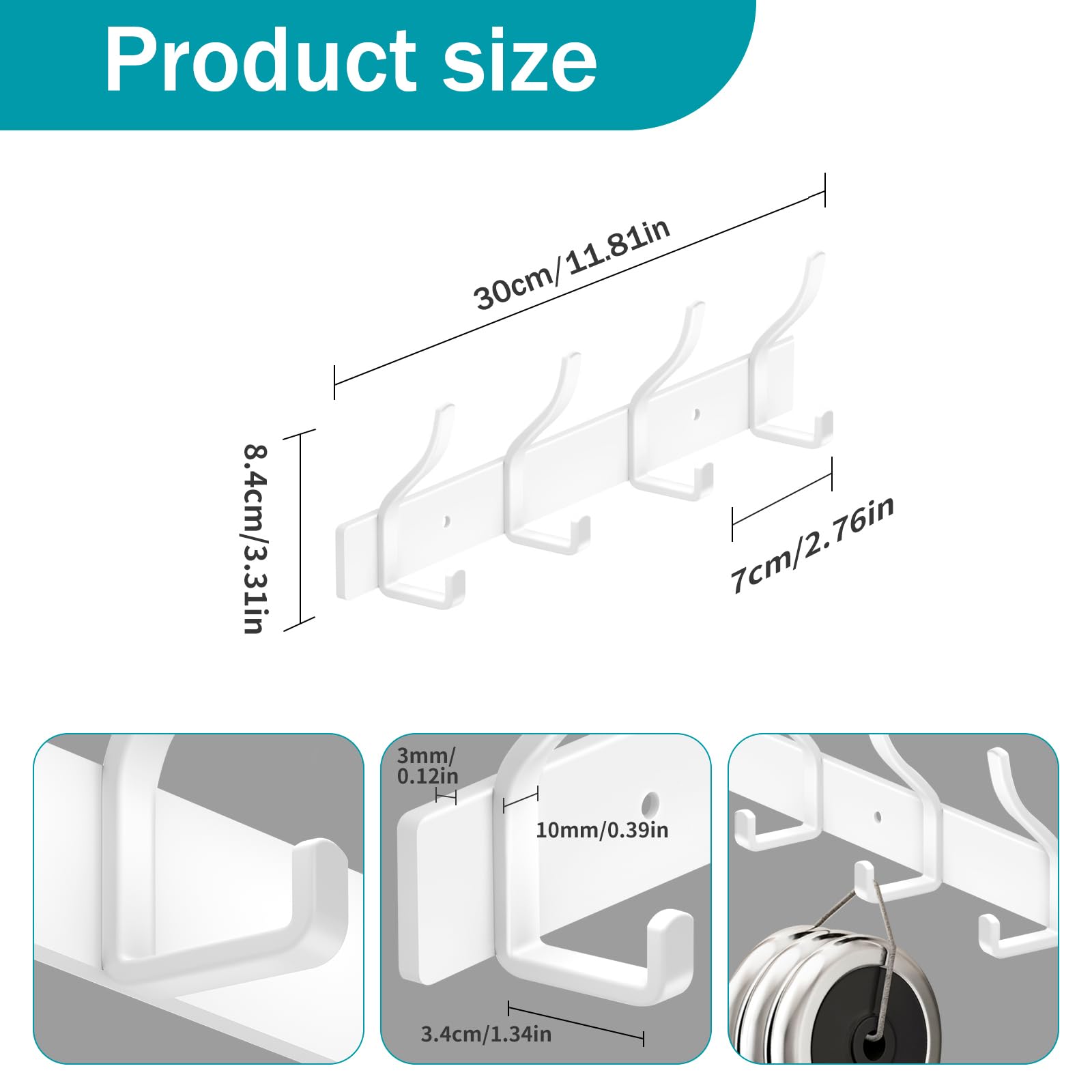MEIJO Coat Hooks Wall Mounted Stainless Steel, White Coat Rack Wall Mounted with 4 Hooks Heavy Duty Coat Hooks for Door, Bathroom, Bedroom, Kitchen