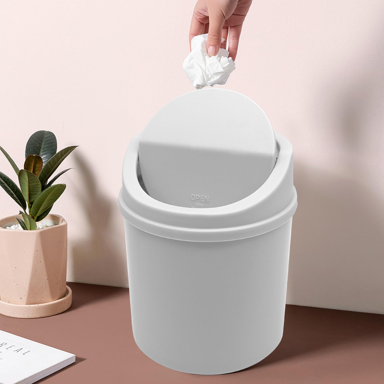 LTHERMELK Mini Desk Bin, White Plastic Desktop Trash Bin with Lid, Small Office Table Bin for Bathroom, Office, Kitchen, Bedroom