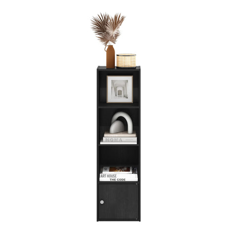 Furinno LUDER Book Shelf, 4-Tier Bookshelf, Bookcase with 1 Door Storage Cabinet, 9.3 x 12 x 41.8, for Living Room, Bedroom, Home Office, Blackwood