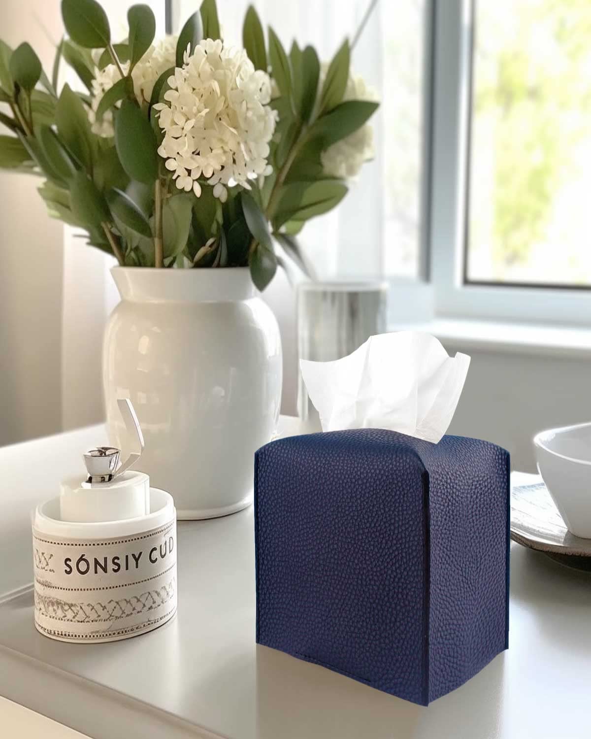 Leather Tissue Box Cover Square – [JESMINI, Navy Blue] Modern PU Leather Tissues Cube Box Holder Decorative for Bathroom Vanity Countertop/Night