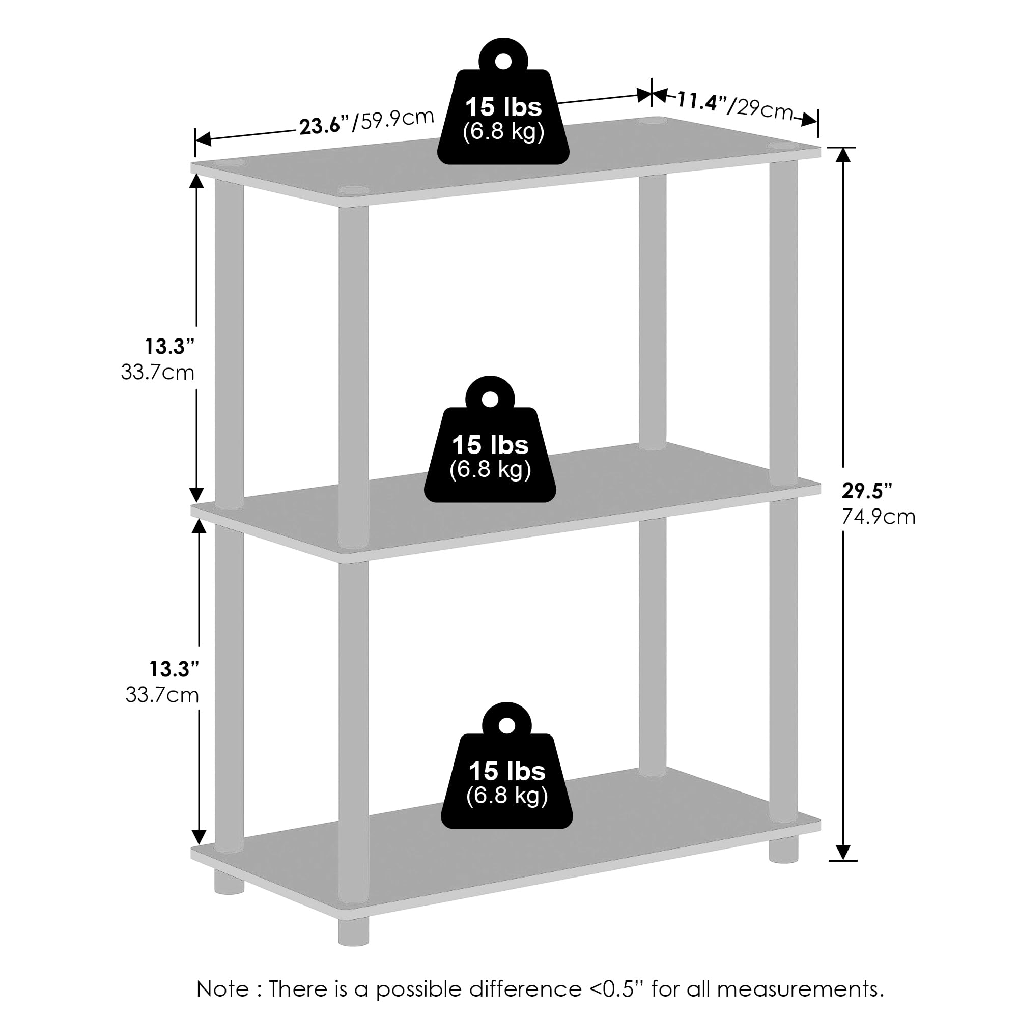 Furinno TURN-N-TUBE Book Shelf, 3-Tier Bookshelf, Bookcase with Multipurpose Compact Display Rack, 29.46 x 59.94 x 75.18 cm, for Living Room, Bedroom