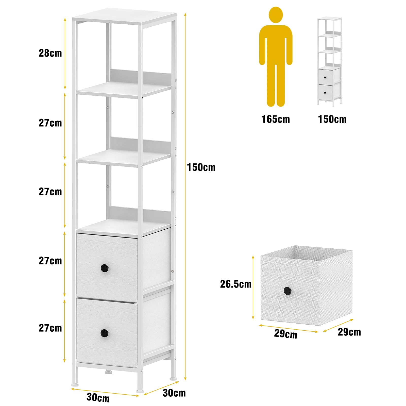 CADUKE Tall Bathroom Cabinet, Slim Storage Unit with 3 Open Wooden Shelves and 2 Fabric Drawers