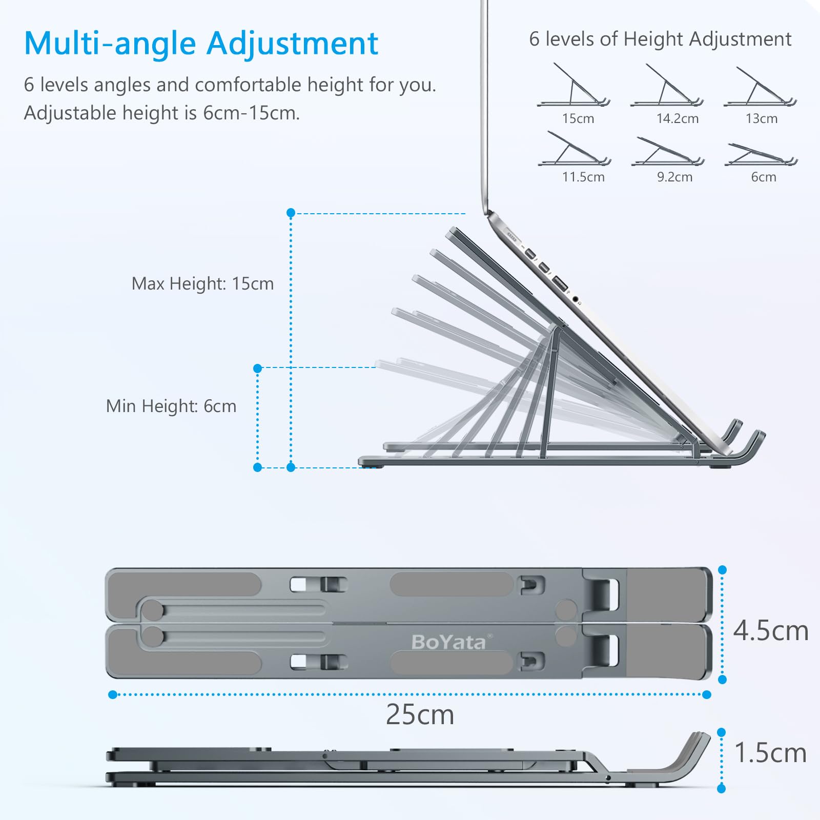 BoYata Laptop Stand, 6-Level Height Adjustable Portable Laptop Riser, Grey