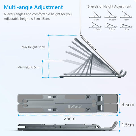 BoYata Laptop Stand, 6-Level Height Adjustable Portable Laptop Riser, Grey
